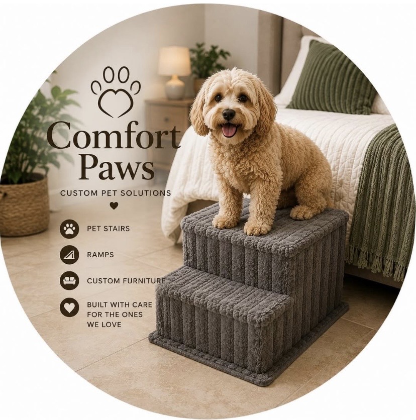 Comfort Paws branding with a dog standing on custom grey pet stairs beside a bed