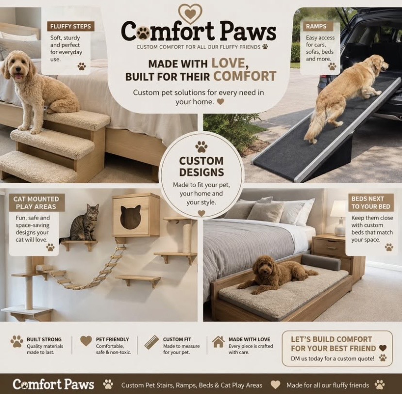Comfort Paws flyer showing fluffy steps, ramps, cat play areas and beds