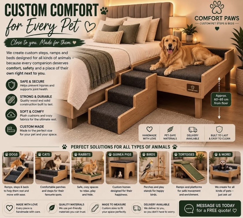Comfort Paws flyer: custom comfort for every pet, with steps, ramps and beds