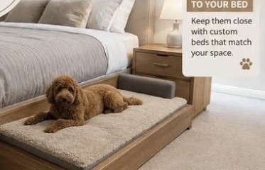 Custom wooden dog bed with a thick cushion next to a double bed