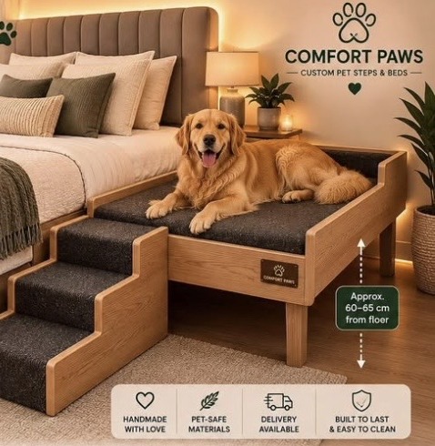 Golden Retriever on a custom Comfort Paws wooden dog bed with matching carpeted steps beside a bed
