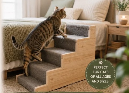 Tabby cat climbing custom wooden Comfort Paws cat stairs to a bed