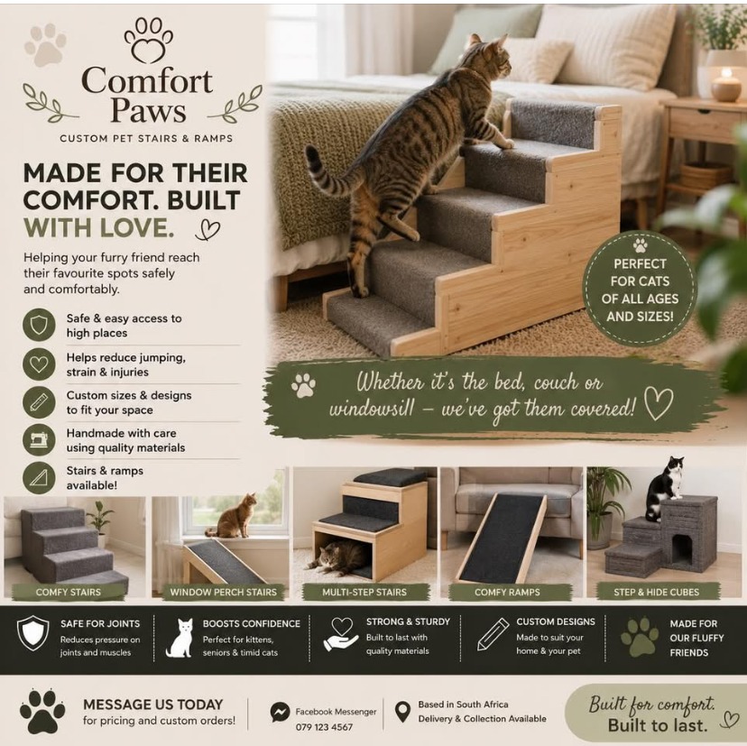 Comfort Paws flyer for custom cat stairs and ramps