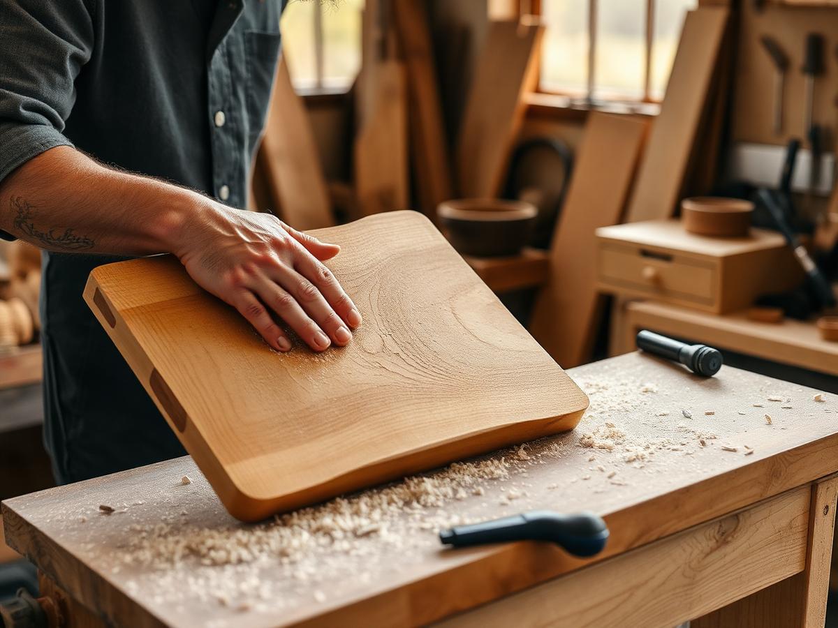 Hands sanding a wooden panel for pet furniture in a workshop